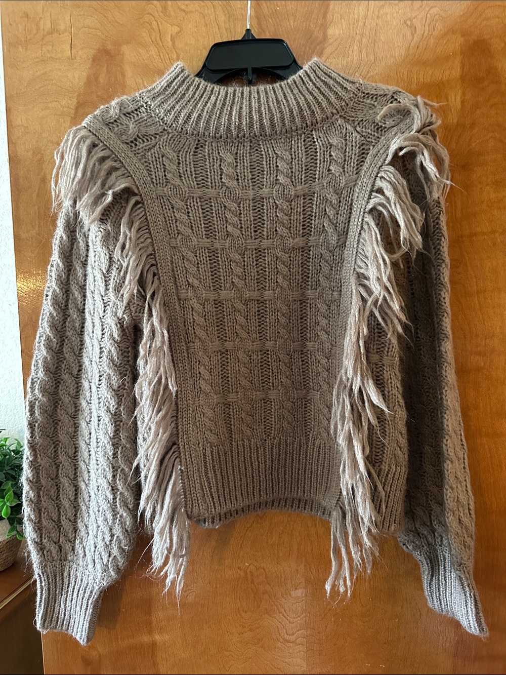 Fringed Cable Knit Women's Sweater - Taupe